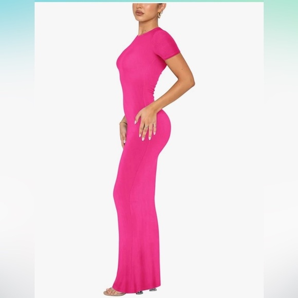 NWT REORIA Casual Lounge Long Dress Elegant Short Sleeve Crew Neck Bodycon Maxi - Picture 3 of 7